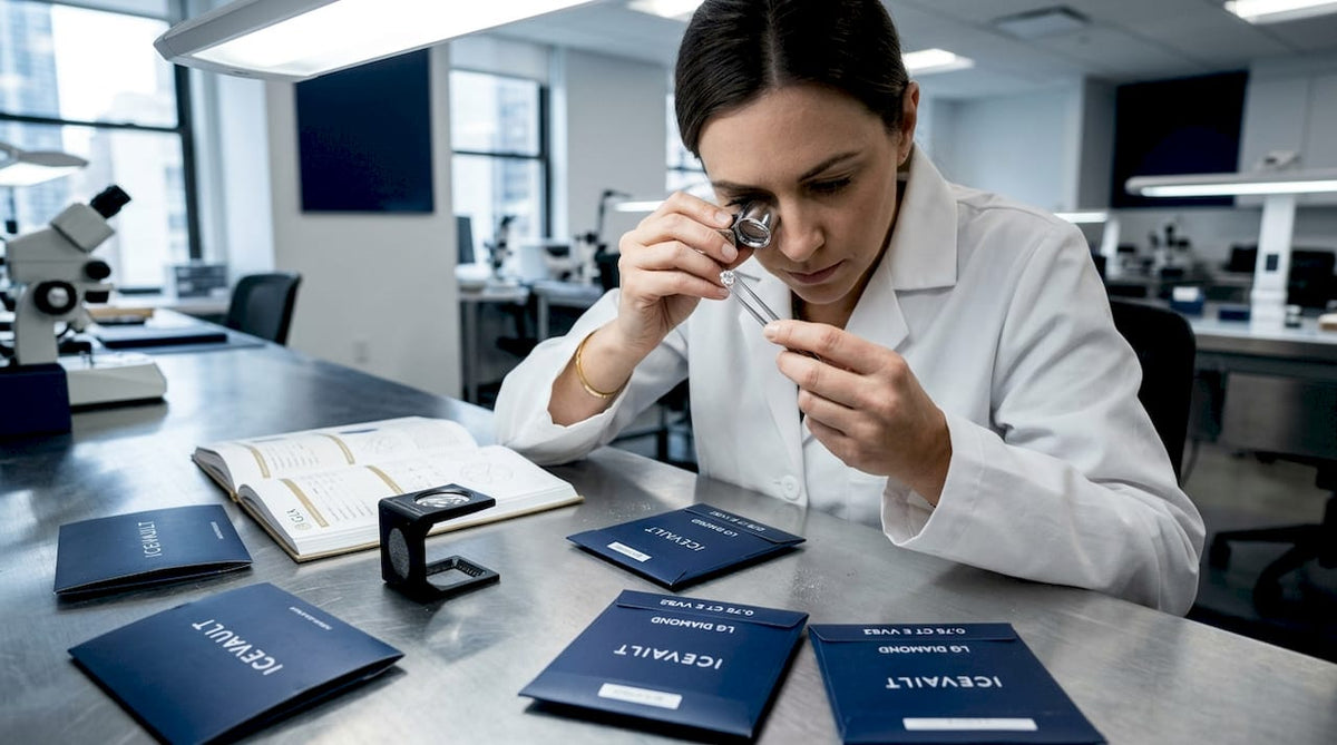 Gemologist grades lab-grown diamond at workbench