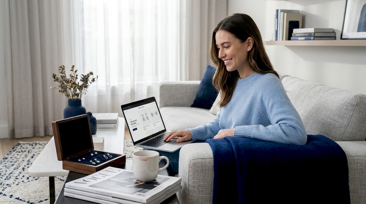 Woman wearing diamond stud earrings shopping online