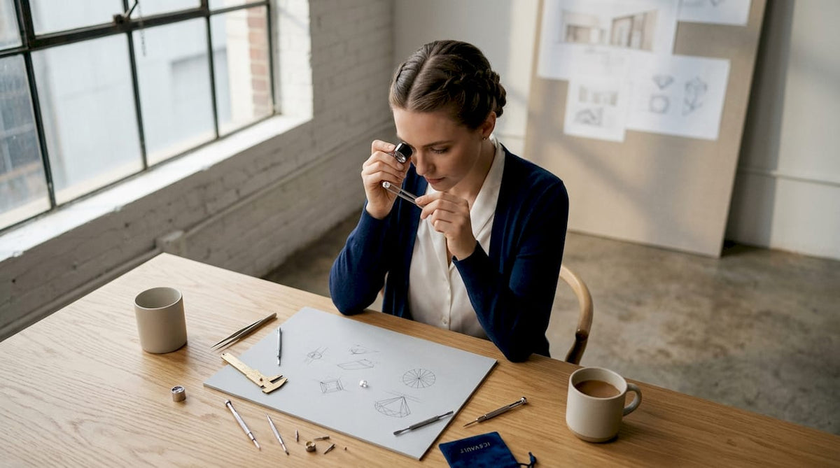 Jewelry designer inspecting moissanite gemstone