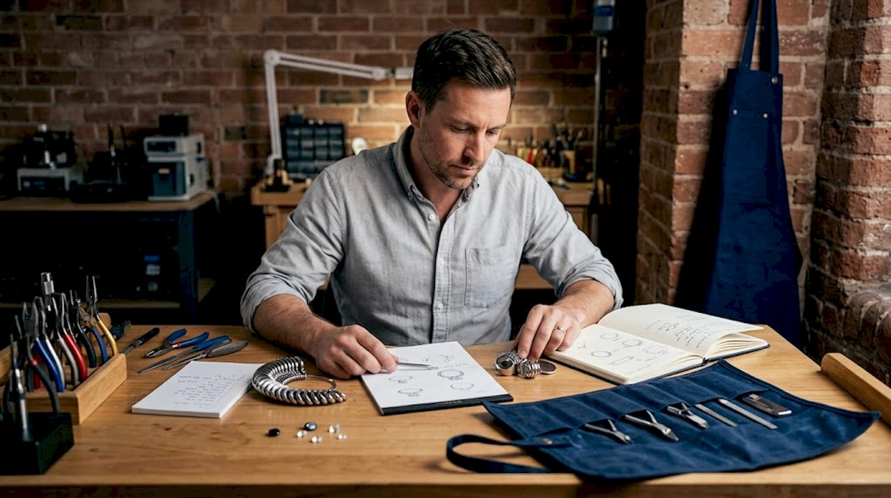 Jeweler reviewing custom ring notes at workbench