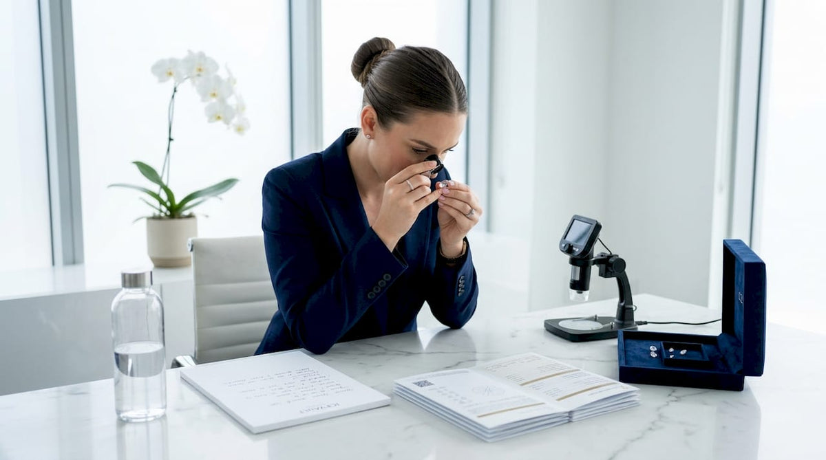 Gemologist inspecting lab diamond at studio desk