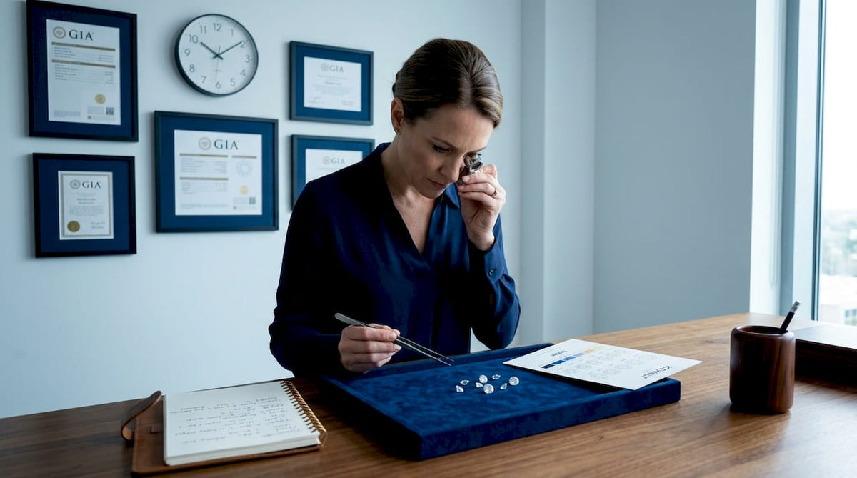 Gemologist grading diamond color in lab