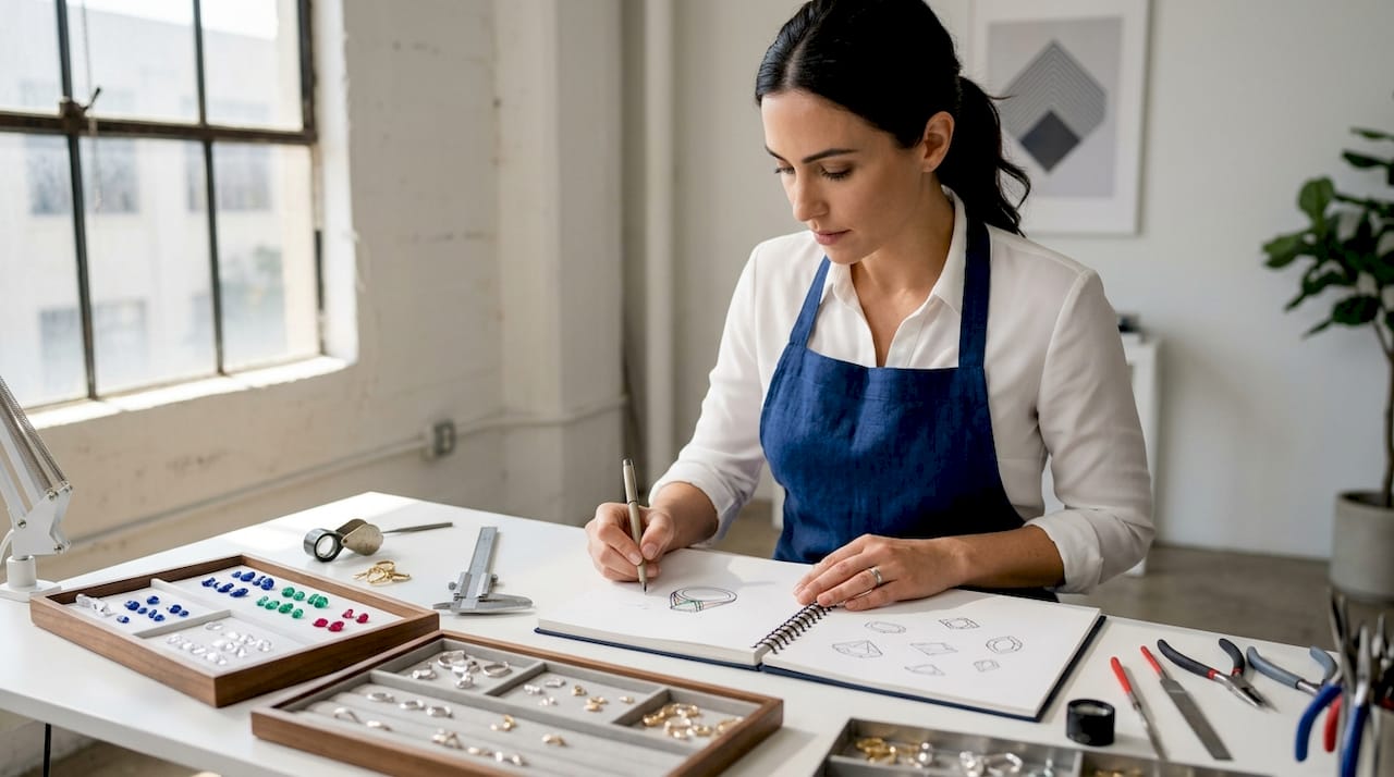 Jewelry designer sketching at studio worktable