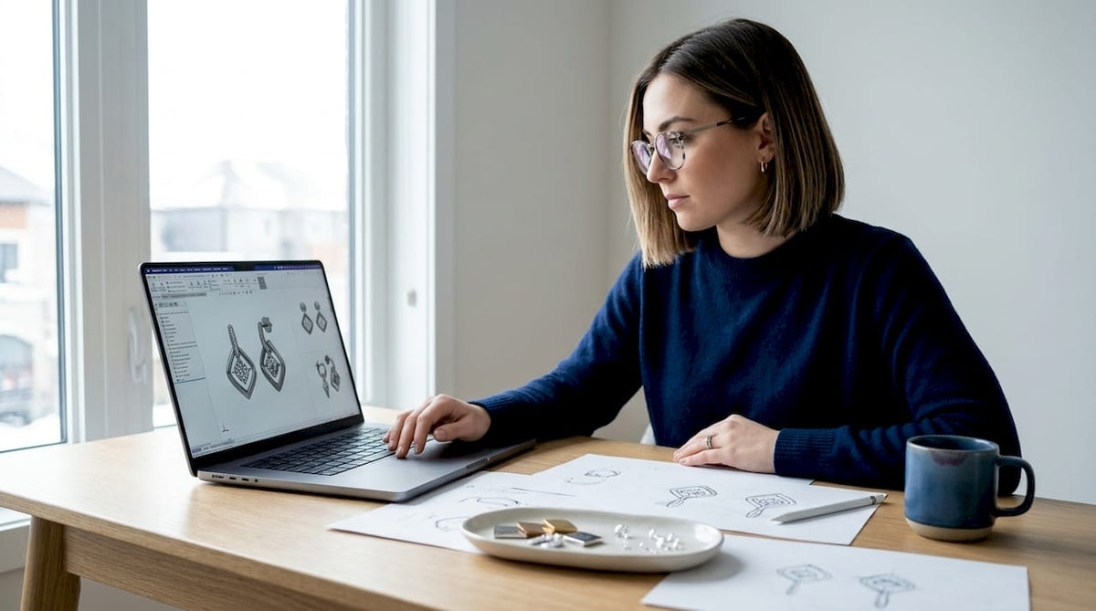 Person designing custom earrings online at home desk