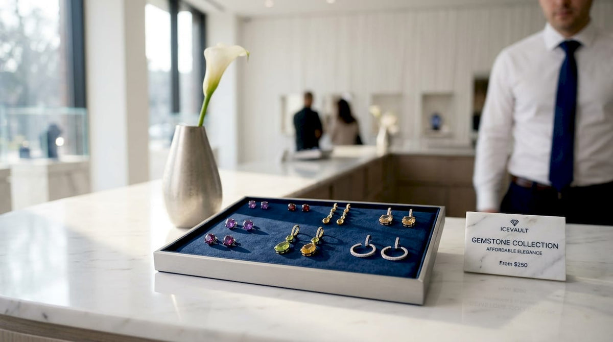 Variety of affordable gemstone earrings on display tray