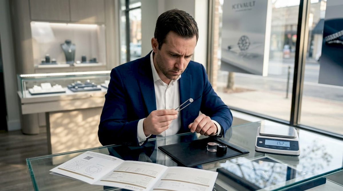 Buyer examining loose diamond closely in boutique
