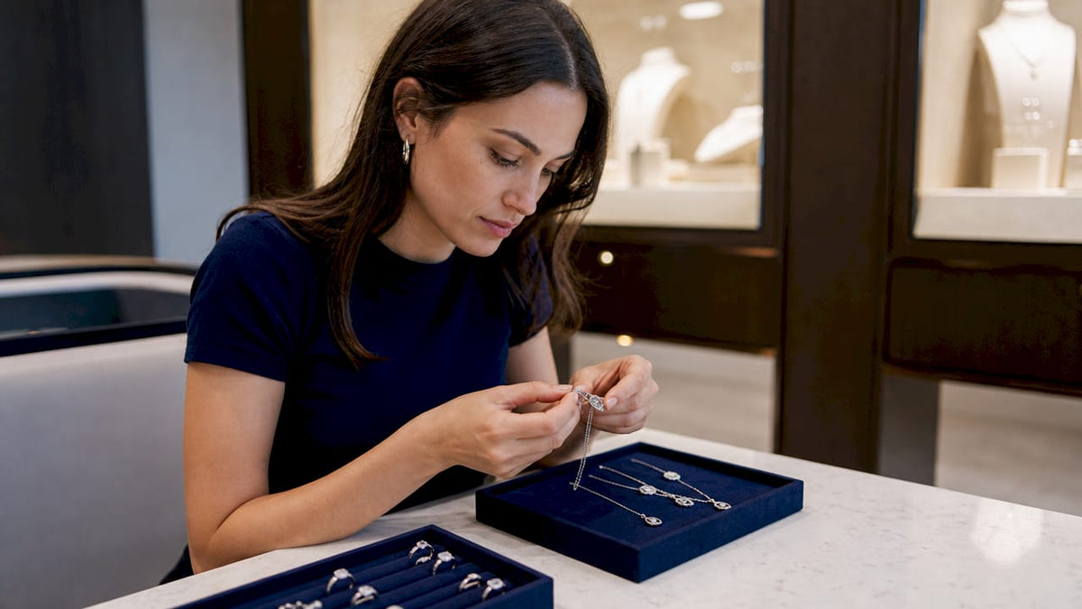 Woman examining fine jewelry carefully