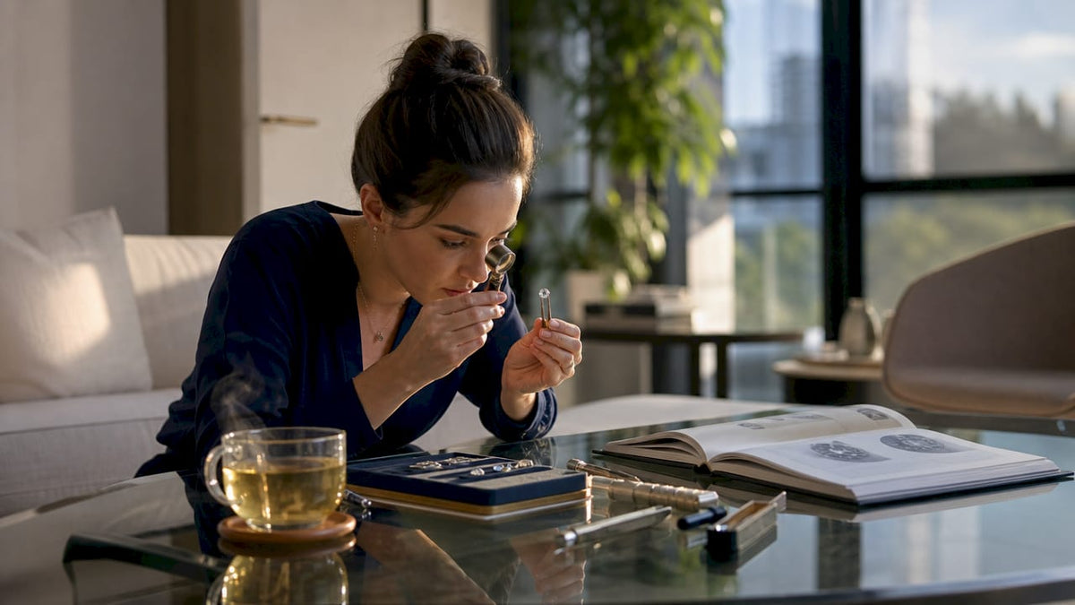 Woman examining diamond at home table